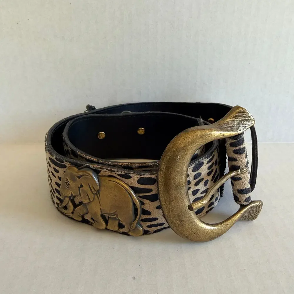Vintage Made in USA Leopard Calf Hair Belt Brass Elephant Zebra Y2K Safari Small